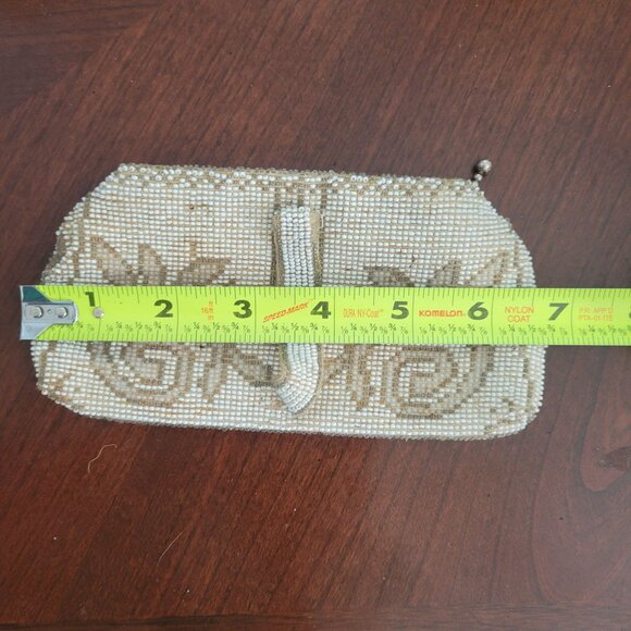 Vintage Beaded Ivory Floral Clutch Purse With Metal Zipper & Handle Accent - Picture 8 of 9